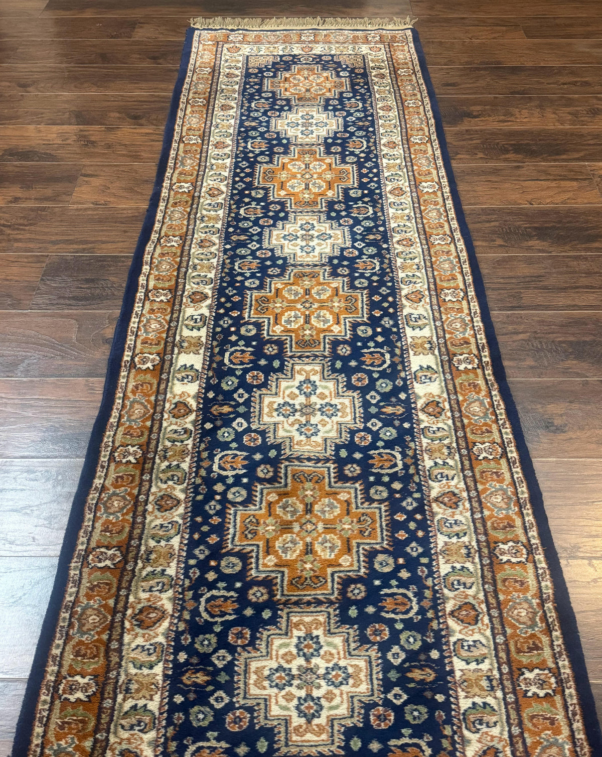 Indo Persian Runner Rug 2.6 x 12.7, Indian Kashmiri Runner for Hallway or Kitchen, Navy Blue, Geometric Medallions, Handmade Wool, photo 3 of 12