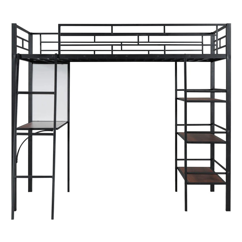 Loft Metal Bed With 3 Layers Of Shelves And Desk, Stylish Metal Frame Bed With board by HouseOfZazla