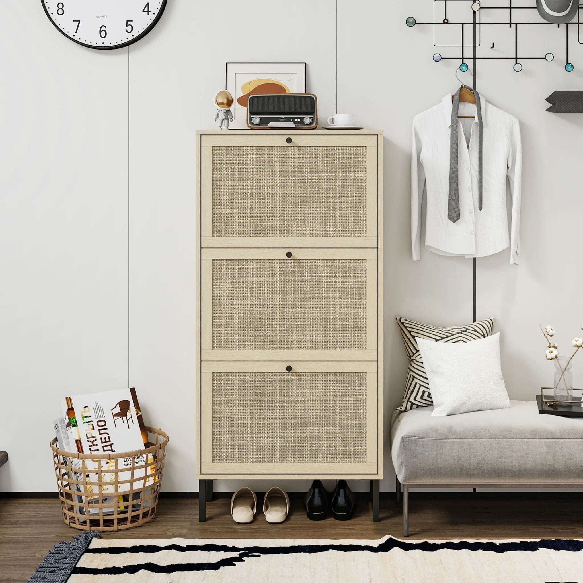 Modern Rattan 3 Door Shoe Rack Cabinet For Entryway by Unique Piece Furniture