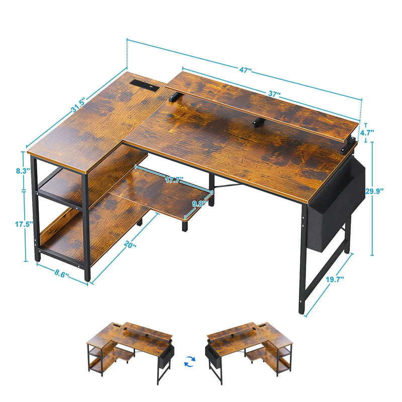 L-Shaped Gaming Desk With Power Outlets, Monitor Stand & Storage Shelves, Reversible Corner Workstation - Black / Brown by Unique Piece Furniture