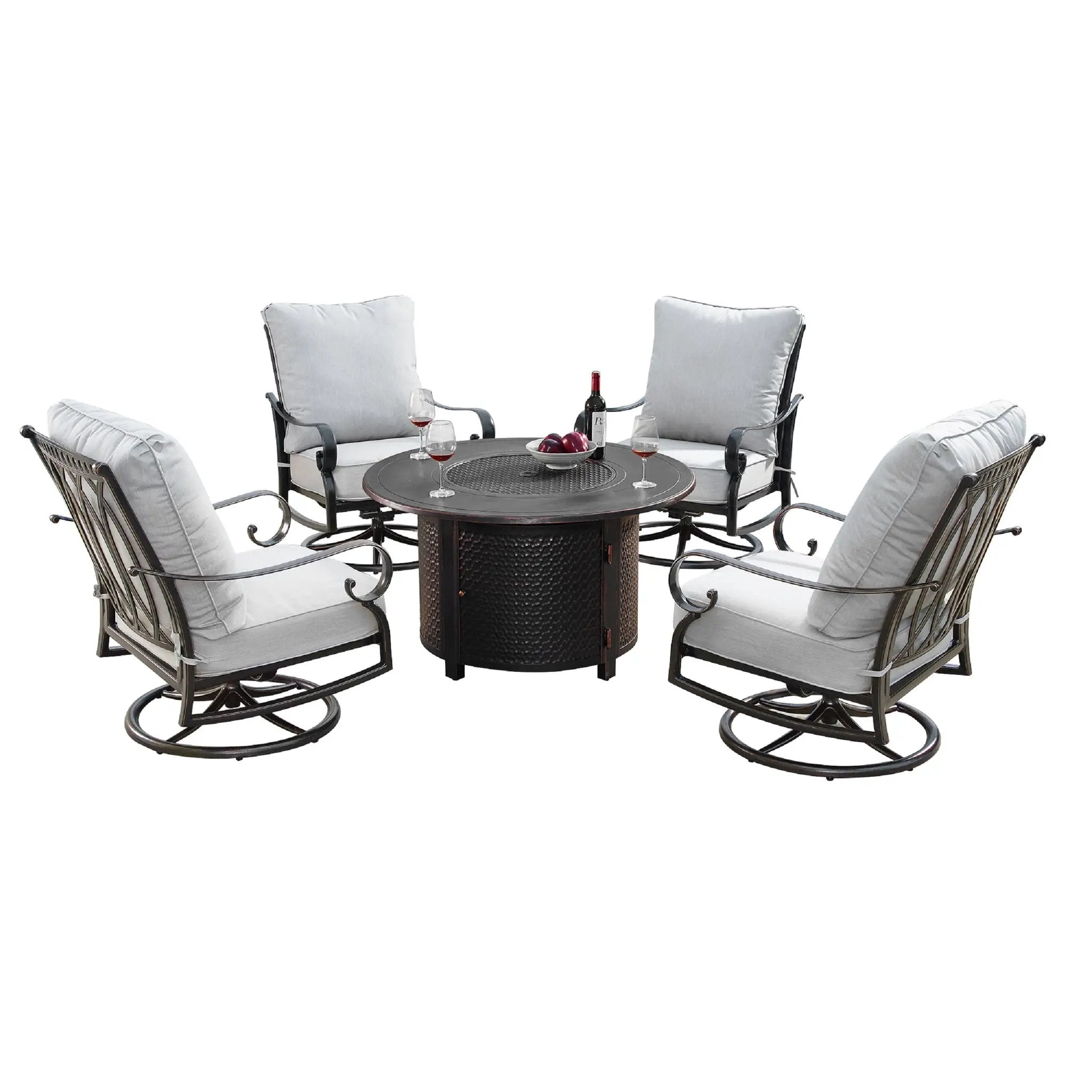 Aluminum 44-in Round Patio Fire Table Set with Swivel Rocking Chairs by Sharicks