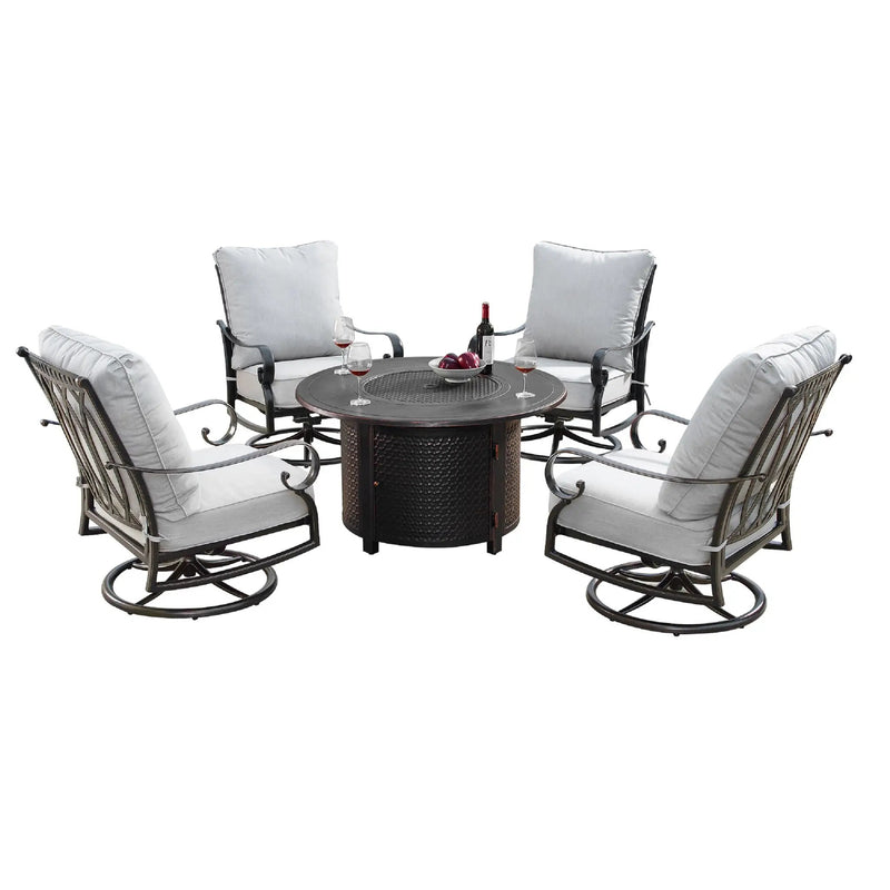 Aluminum 44-in Round Patio Fire Table Set with Swivel Rocking Chairs by Sharicks
