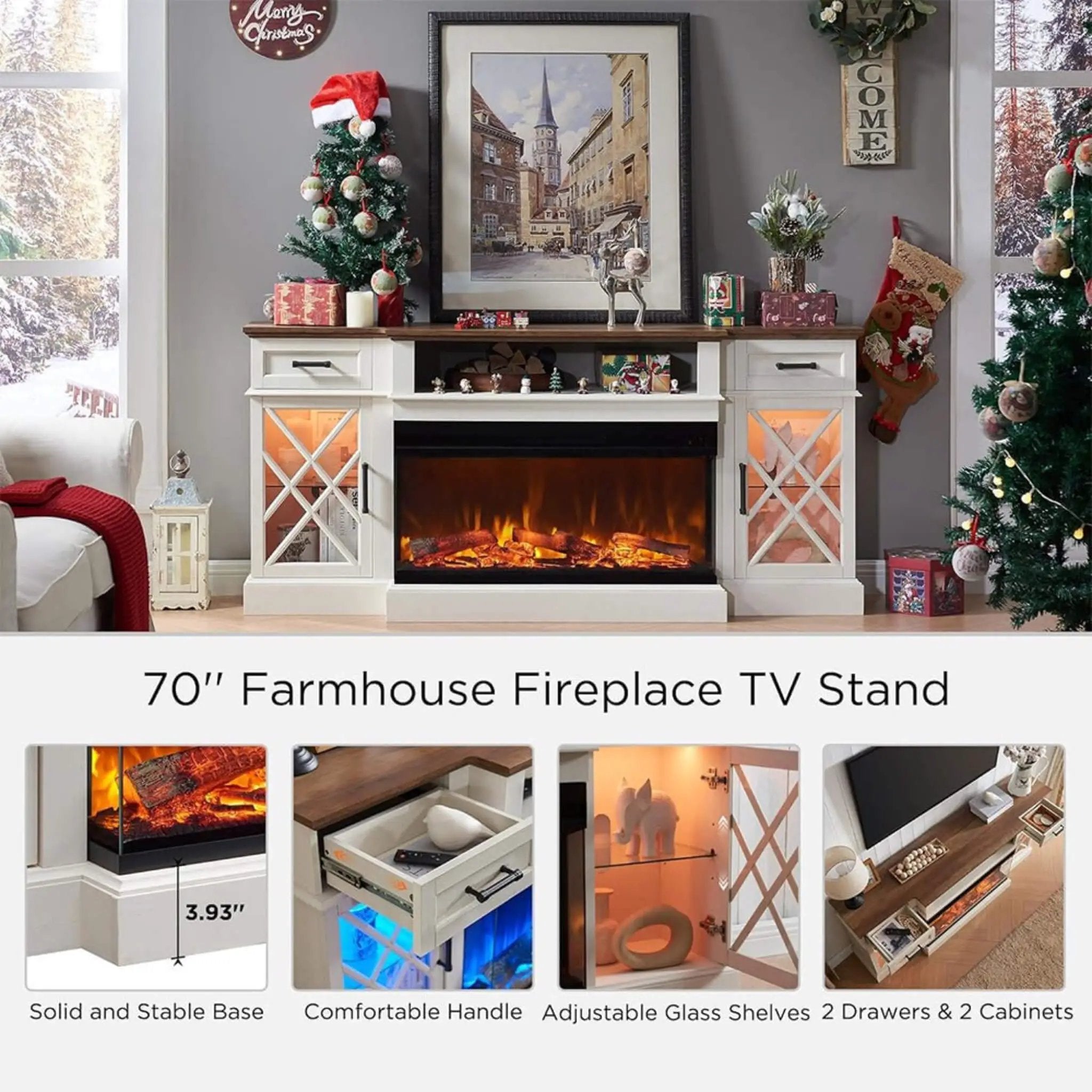 Nuvia Electric 70-Inch Fireplace TV Stand With Glass Door Storage Cabi