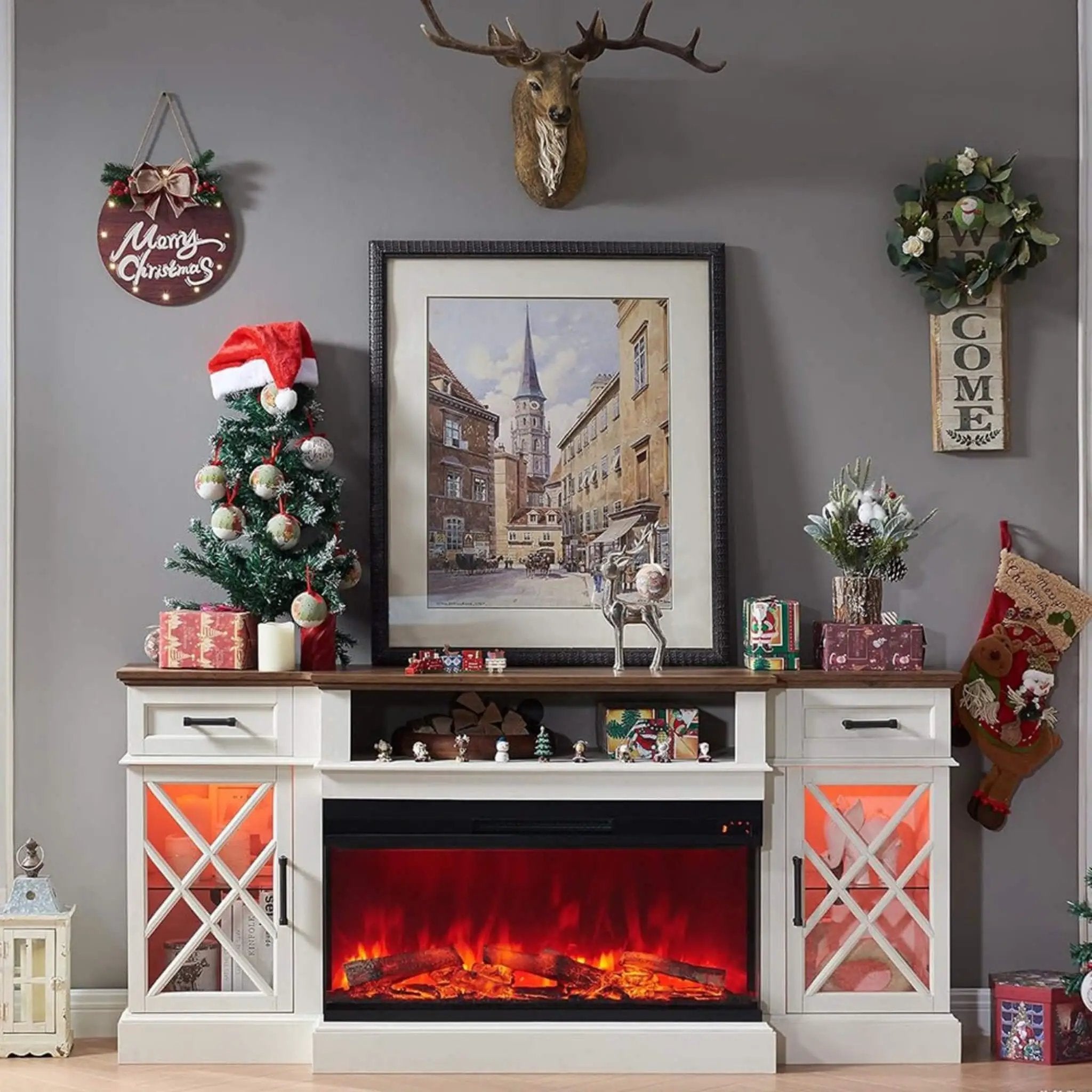 Nuvia Electric 70-Inch Fireplace TV Stand With Glass Door Storage Cabi