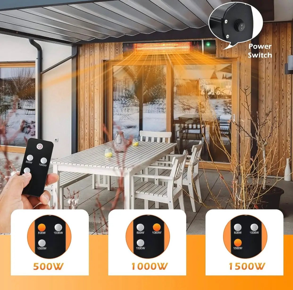 1500W Electric Patio Heater – Plug-In Outdoor Infrared Wall Heater with Remote Control, 3 Heat Settings, IP65 Waterproof, Overheat Protection, Indoor & Outdoor by Outdoor Solar Outlet