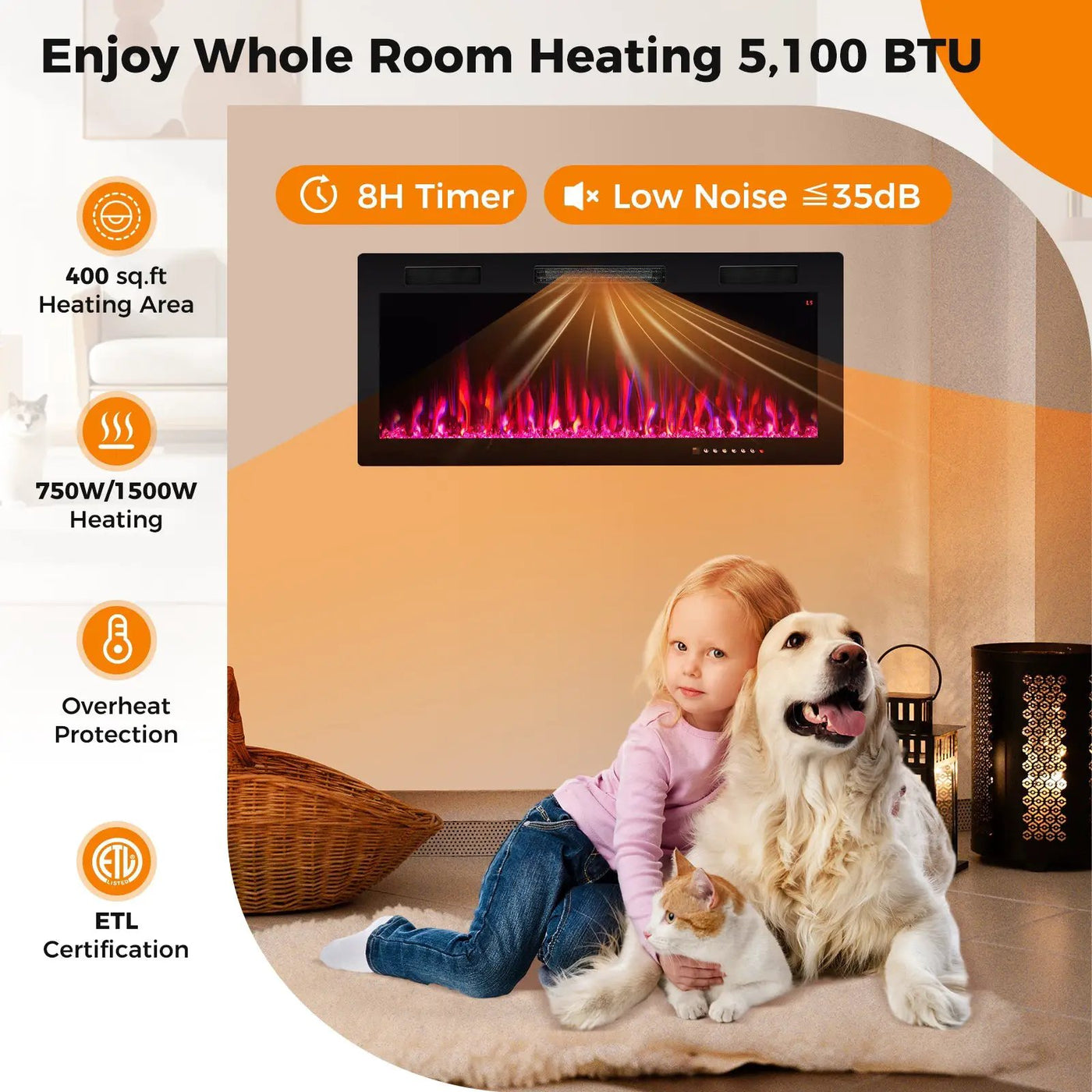 Electric Fireplace 40/50/60 Inches Recessed and Wall Mounted for 2' x 6' Stud by DirectDeals