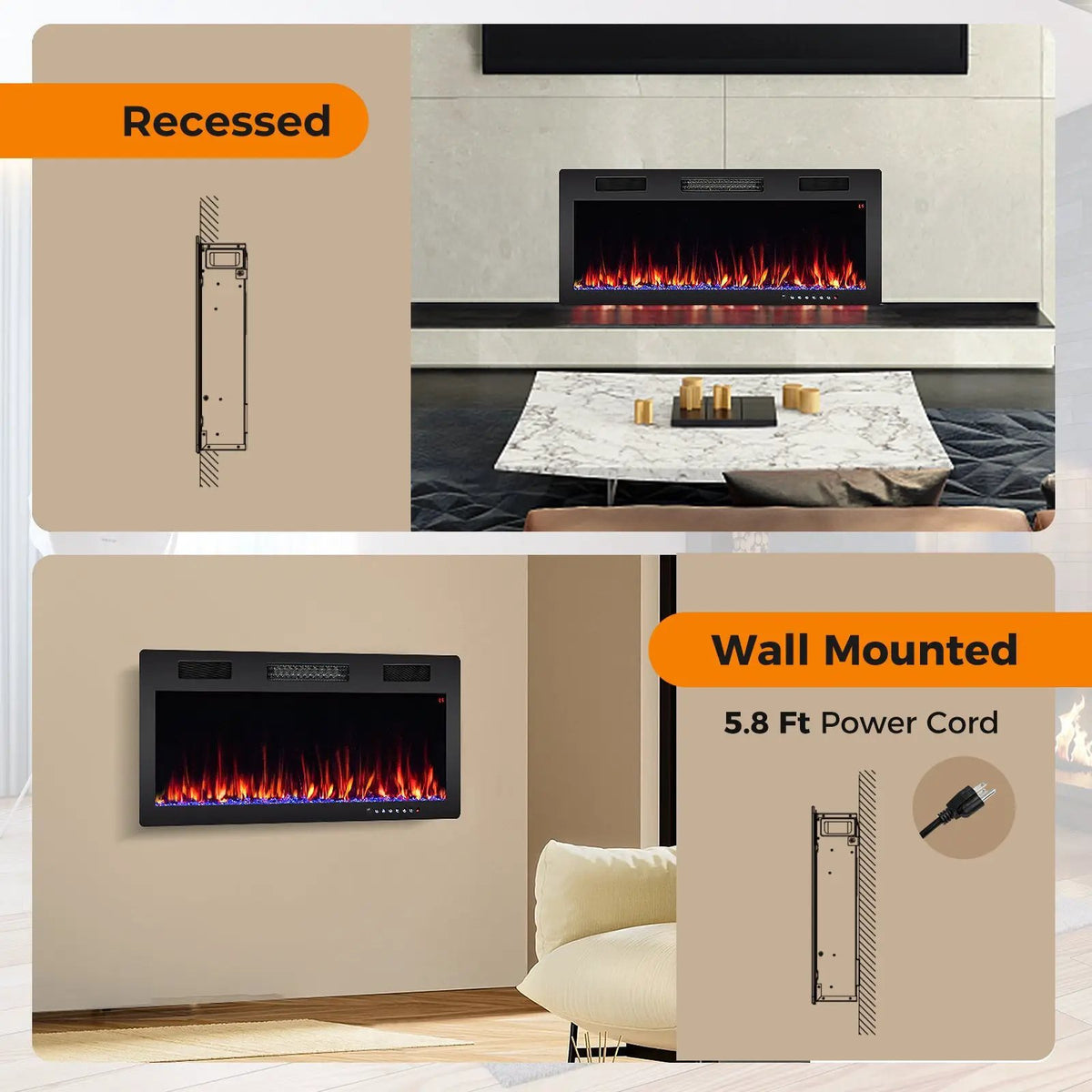 Electric Fireplace 40/50/60 Inches Recessed and Wall Mounted for 2' x 6' Stud by DirectDeals