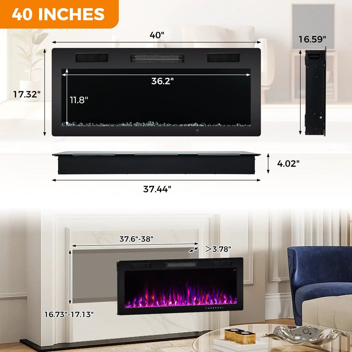 Electric Fireplace 40/50/60 Inches Recessed and Wall Mounted for 2' x 6' Stud by DirectDeals