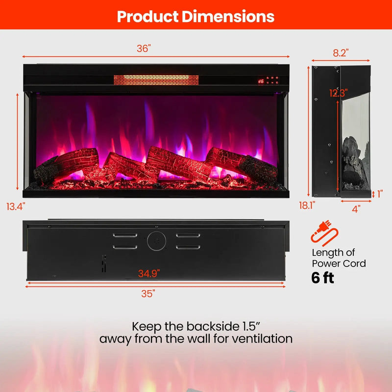 36 Inch 3-Sided 1500W Electric Fireplace with 7-Color Flame-Black by DirectDeals