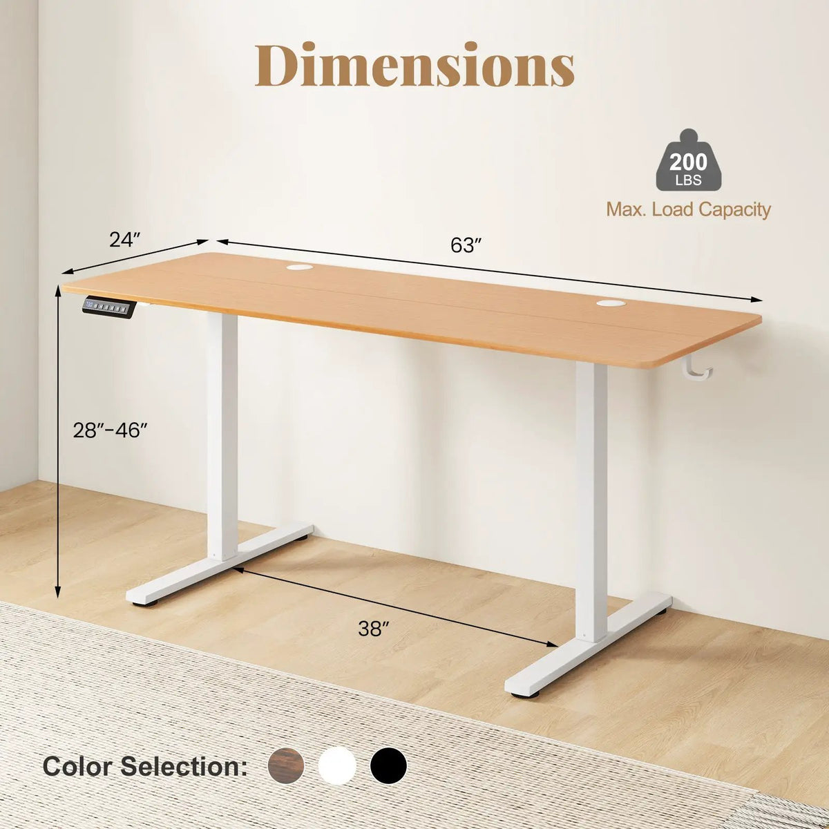 Electric Standing Desk with 3 Memory Heights and 2 Hanging Hooks and Cable Holes by DirectDeals