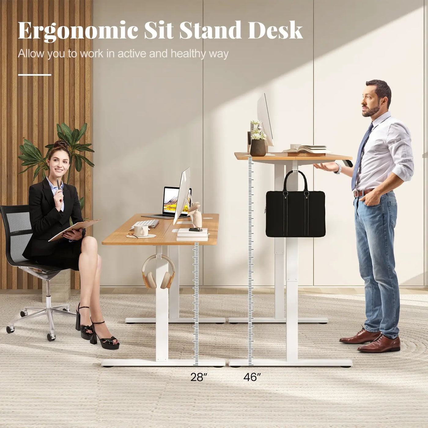 Electric Standing Desk with 3 Memory Heights and 2 Hanging Hooks and Cable Holes by DirectDeals