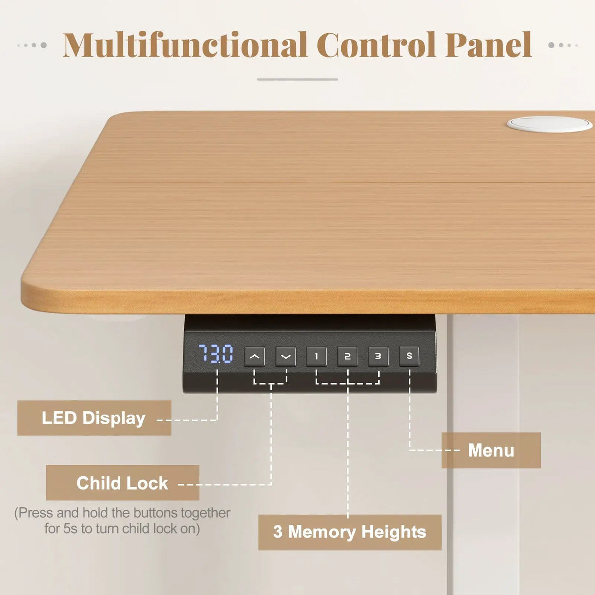 Electric Standing Desk with 3 Memory Heights and 2 Hanging Hooks and Cable Holes by DirectDeals