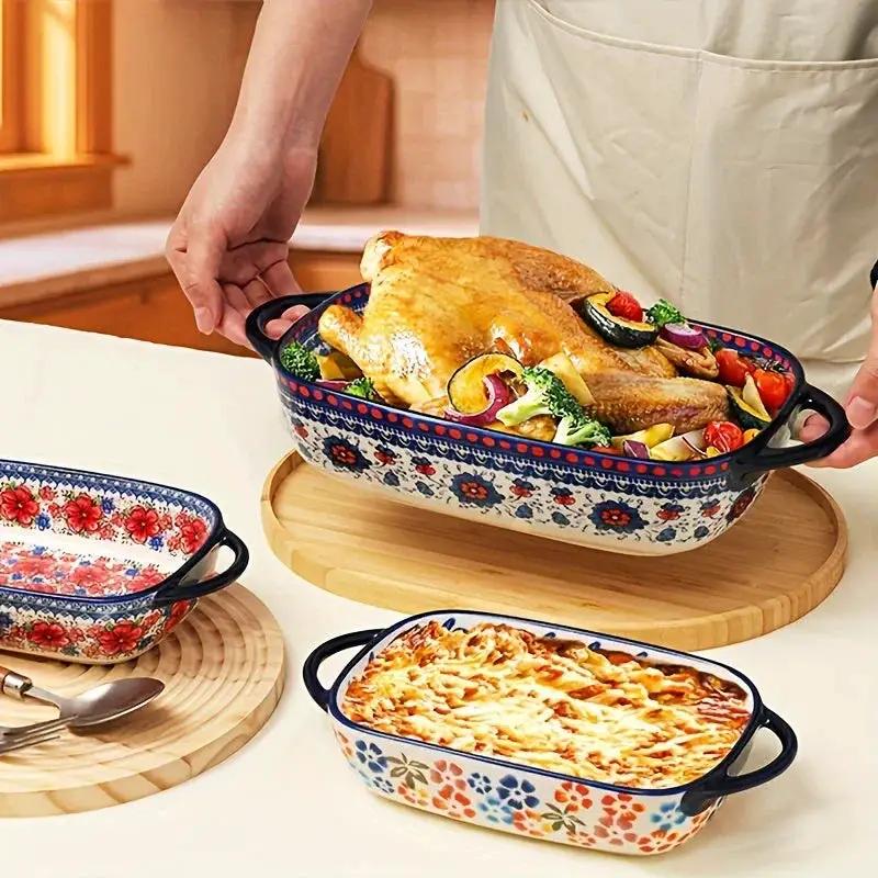 [Elegant Bohemian Baking Dishes] 2pcs Elegant Bohemian Porcelain Baking Dishes - 13-inch Large Rectangular Baker Set | Oven-Safe Casserole & Pie Pan, Versatile Ceramic Roaster | Mother's Day Gift for Home Chefs, Kitchen Essen by House Of Avana