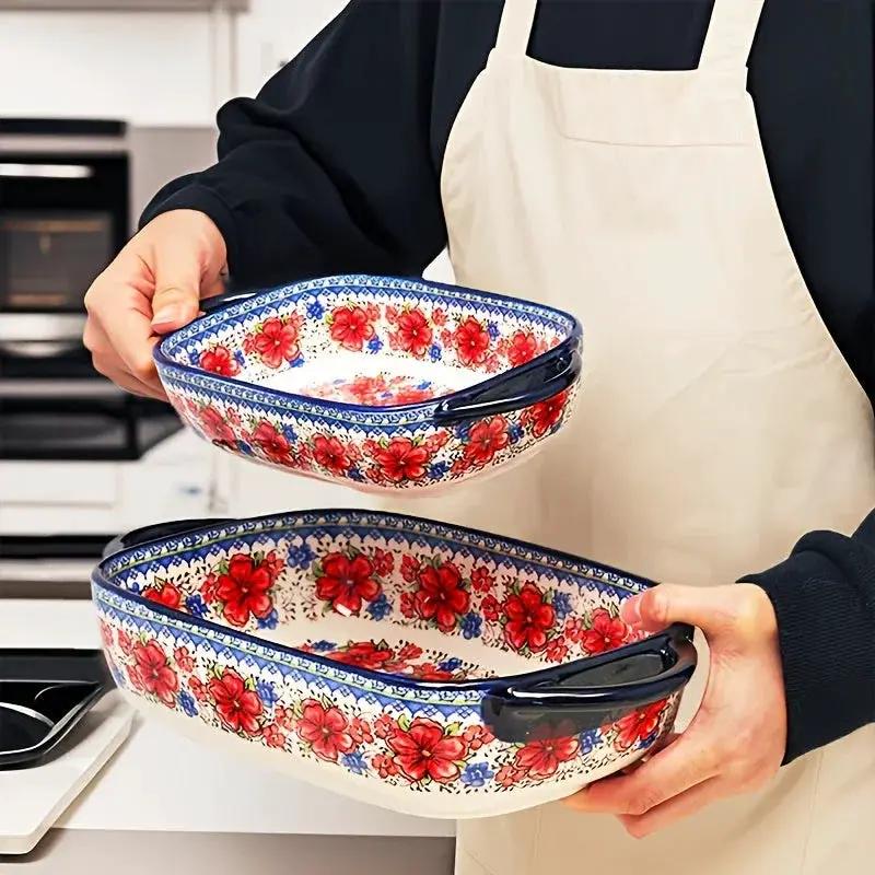 [Elegant Bohemian Baking Dishes] 2pcs Elegant Bohemian Porcelain Baking Dishes - 13-inch Large Rectangular Baker Set | Oven-Safe Casserole & Pie Pan, Versatile Ceramic Roaster | Mother's Day Gift for Home Chefs, Kitchen Essen by House Of Avana