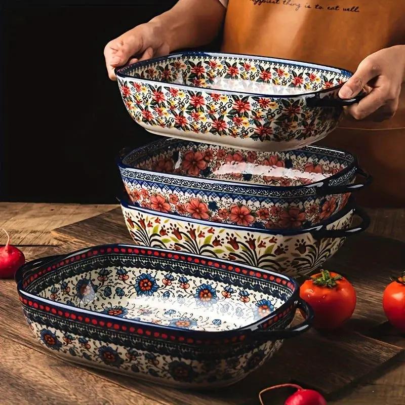 [Elegant Bohemian Baking Dishes] 2pcs Elegant Bohemian Porcelain Baking Dishes - 13-inch Large Rectangular Baker Set | Oven-Safe Casserole & Pie Pan, Versatile Ceramic Roaster | Mother's Day Gift for Home Chefs, Kitchen Essen by House Of Avana