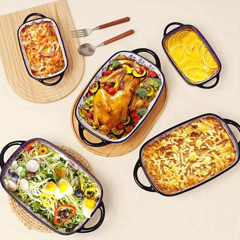 [Elegant Bohemian Baking Dishes] 2pcs Elegant Bohemian Porcelain Baking Dishes - 13-inch Large Rectangular Baker Set | Oven-Safe Casserole & Pie Pan, Versatile Ceramic Roaster | Mother's Day Gift for Home Chefs, Kitchen Essen by House Of Avana