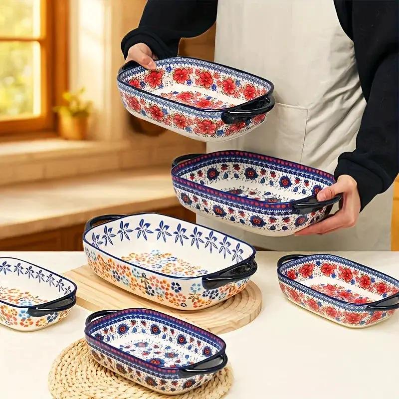 [Elegant Bohemian Baking Dishes] 2pcs Elegant Bohemian Porcelain Baking Dishes - 13-inch Large Rectangular Baker Set | Oven-Safe Casserole & Pie Pan, Versatile Ceramic Roaster | Mother's Day Gift for Home Chefs, Kitchen Essen by House Of Avana