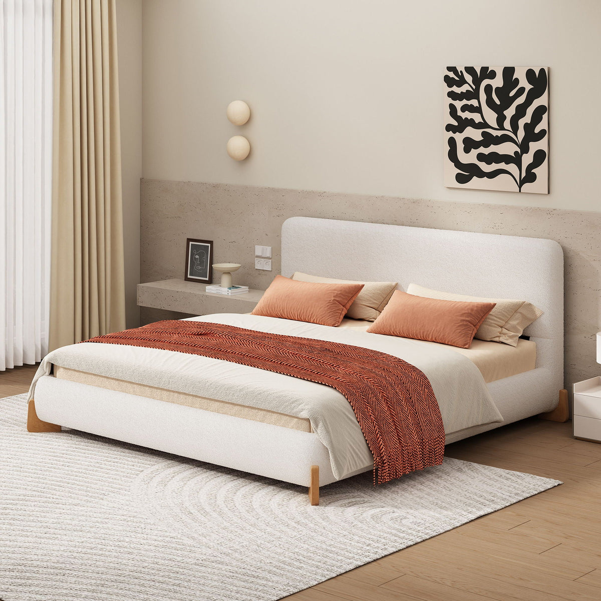 Elegant Boucle Upholstered Bed with Solid Wood Feet, photo 4 of 4