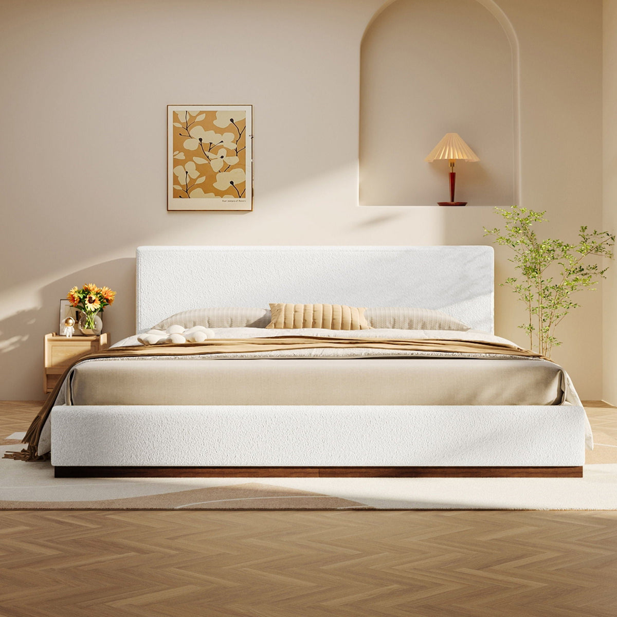 Elegant Boucle Upholstered Bed With Wood Grain Base Frame, photo 2 of 4