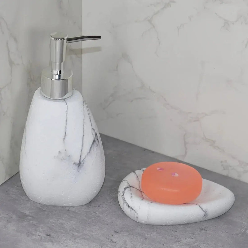 Elegant Marble Texture Resin Soap Dispenser, Manual Pump - Reusable Bathroom Liquid Dispenser Bottle for Hand Soap, Shampoo and Lotion - Slim White Design with by House Of Avana