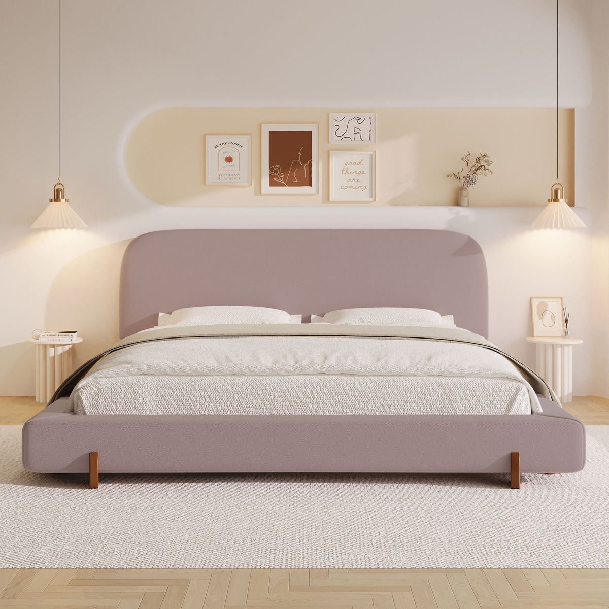 Elegant Upholstered Bed Frame with Solid Wood Legs - Pink or White, photo 9 of 11