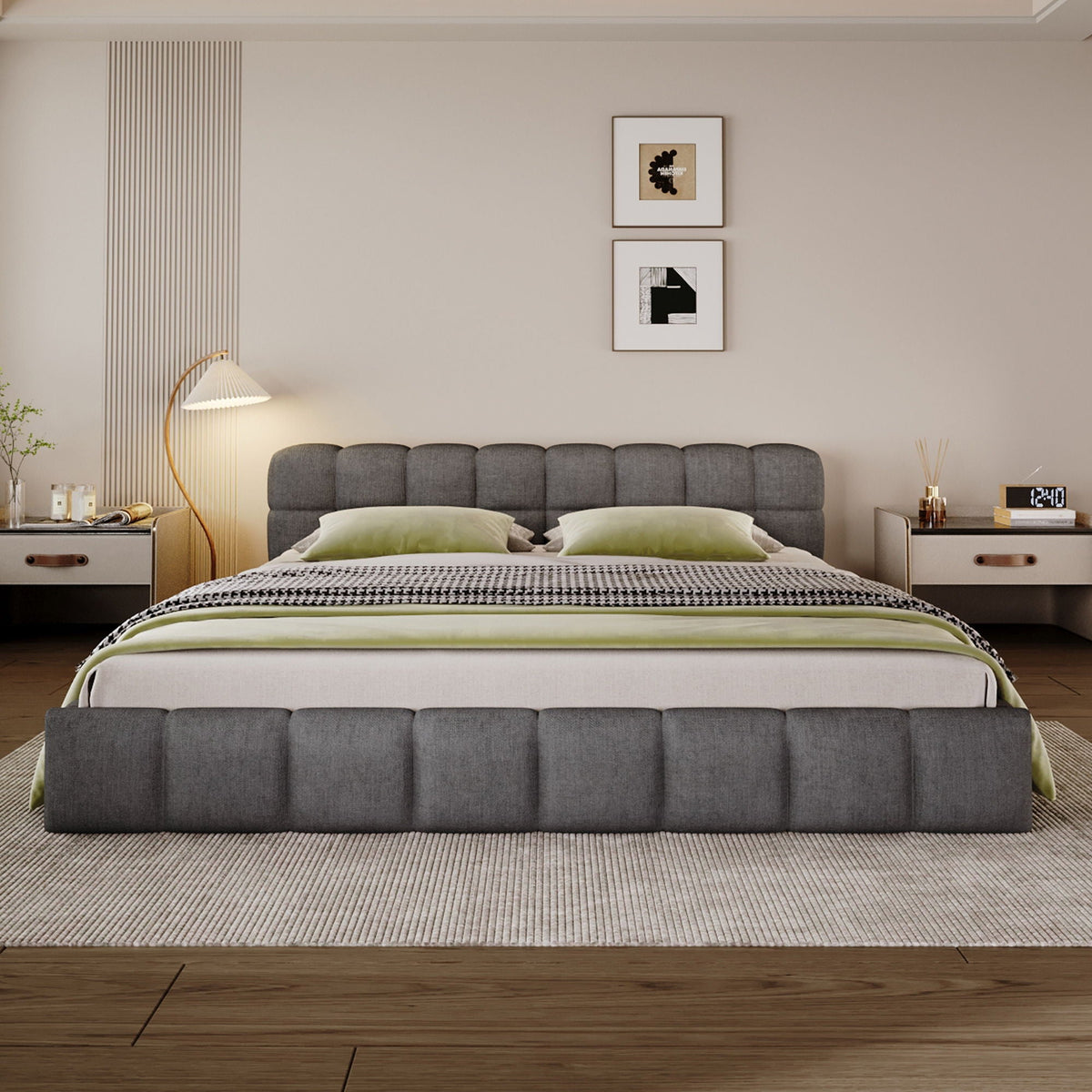 Elegant Upholstered Bed with Checkerboard Headboard - Dark Gray, photo 4 of 4