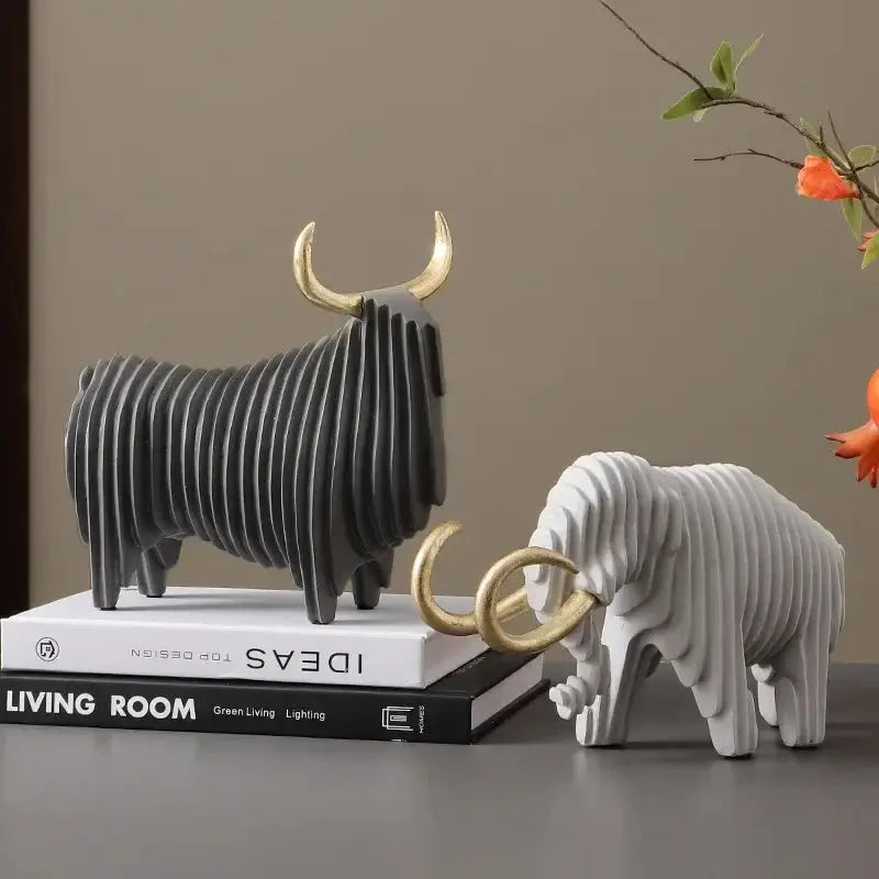 Abstract Elephant and Bull Sculpture Set Ribbed Design for Your Home by House Of Avana