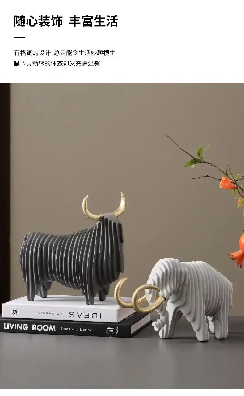 Abstract Elephant and Bull Sculpture Set Ribbed Design for Your Home by House Of Avana