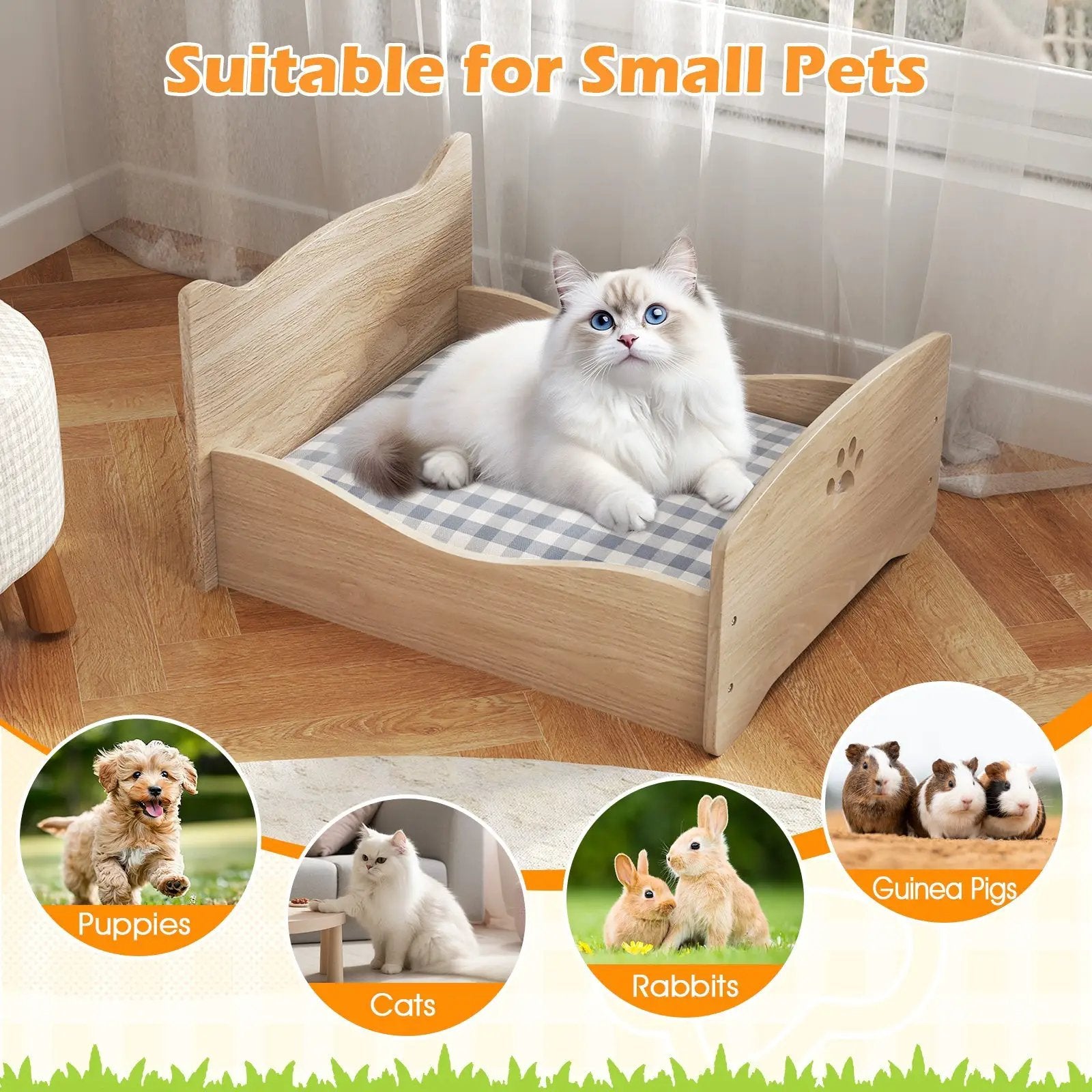 Elevated Pet Bed Frame with Rails and Cute Headboards-Walnut by DirectDeals