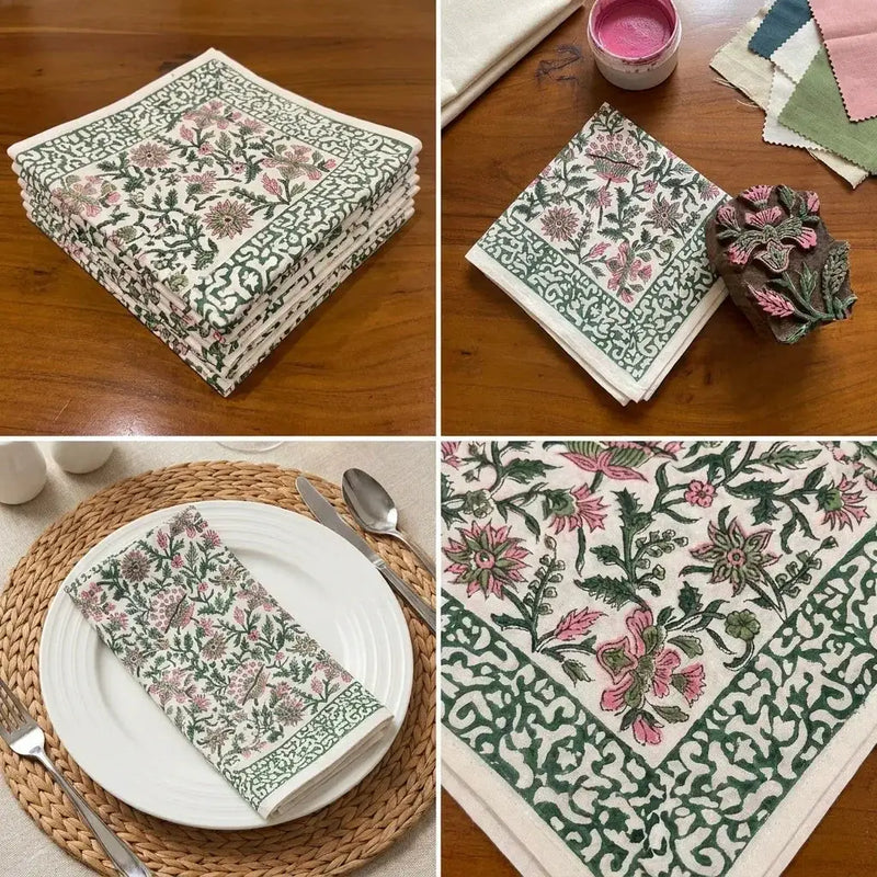 Emerald Green & Pink All-Over Floral Table Linen Set – 13 Piece | Hand Block Printed Cotton | Runner, Placemats & Napkins by House Of Avana