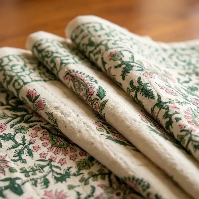 Emerald Green & Pink All-Over Floral Table Linen Set – 13 Piece | Hand Block Printed Cotton | Runner, Placemats & Napkins by House Of Avana
