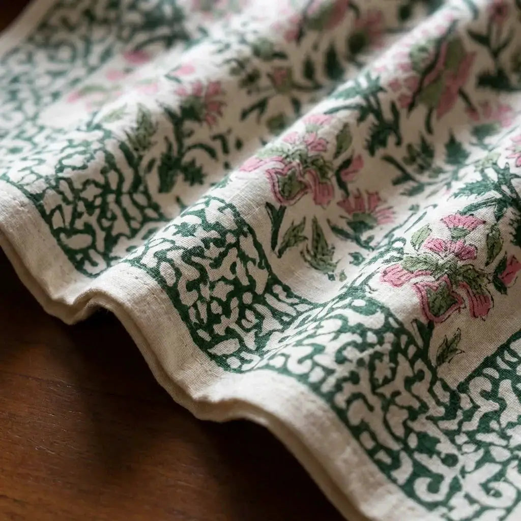 Emerald Green & Pink All-Over Floral Table Linen Set – 13 Piece | Hand Block Printed Cotton | Runner, Placemats & Napkins by House Of Avana
