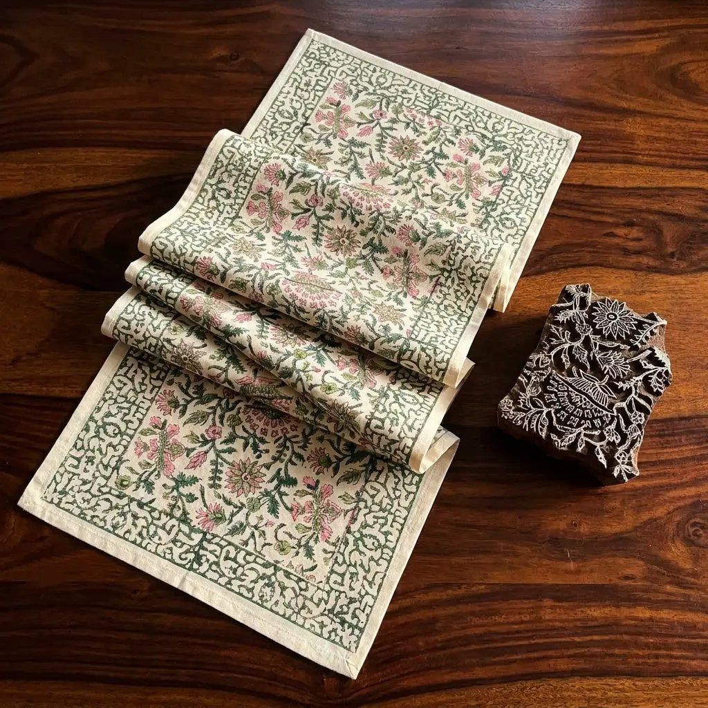 Emerald Green & Pink All-Over Floral Table Linen Set – 13 Piece | Hand Block Printed Cotton | Runner, Placemats & Napkins by House Of Avana