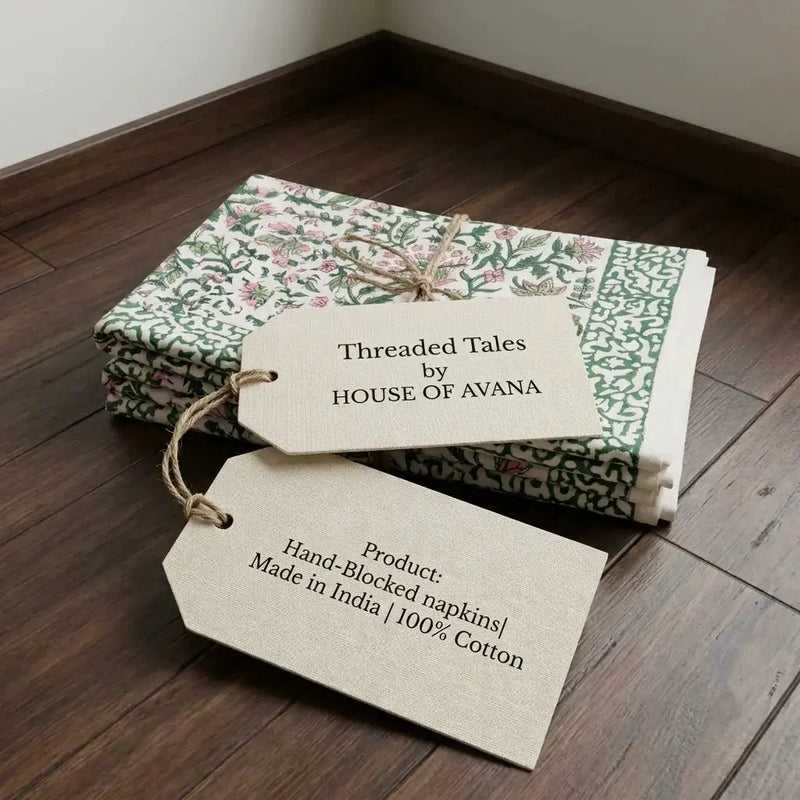Emerald Green & Pink All-Over Floral Table Linen Set – 13 Piece | Hand Block Printed Cotton | Runner, Placemats & Napkins by House Of Avana