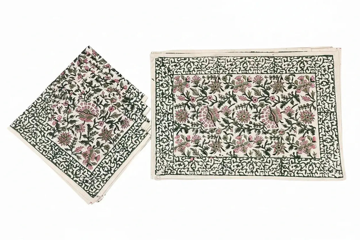 Emerald Green & Pink All-Over Floral Table Linen Set – 13 Piece | Hand Block Printed Cotton | Runner, Placemats & Napkins by House Of Avana