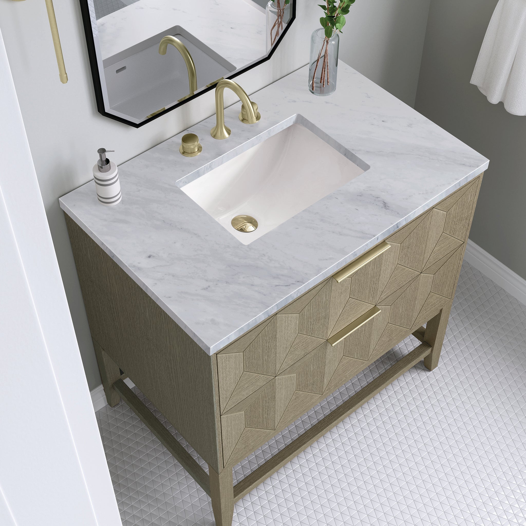 James Martin Emmeline 36" Single Bathroom Vanity, Pebble Oak with Carrara White countertop