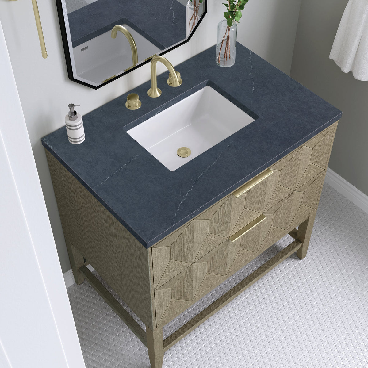 James Martin Emmeline 36" Single Bathroom Vanity, Pebble Oak with Charcoal Soapstone countertop