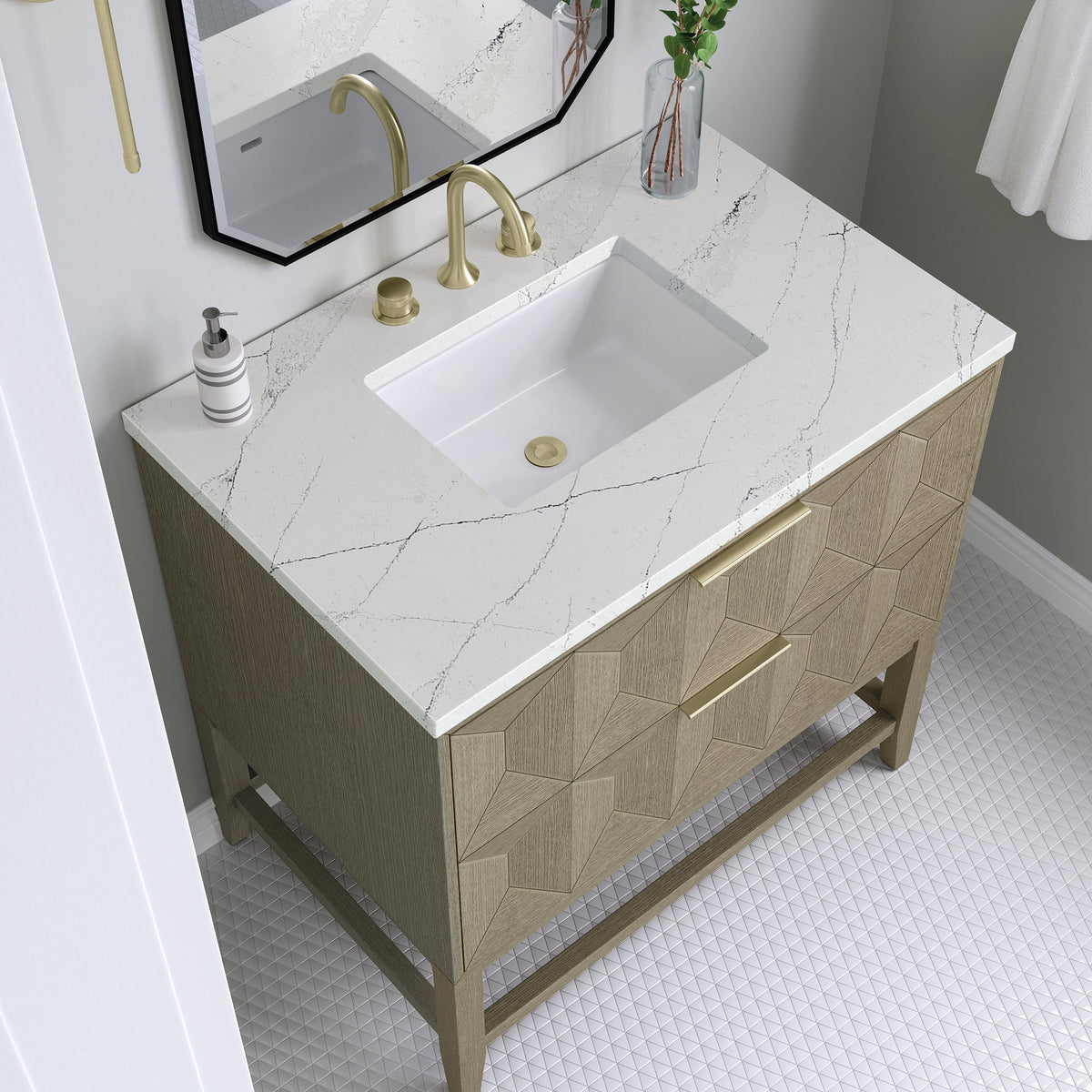 James Martin Emmeline 36" Single Bathroom Vanity, Pebble Oak with Ethereal Noctis countertop