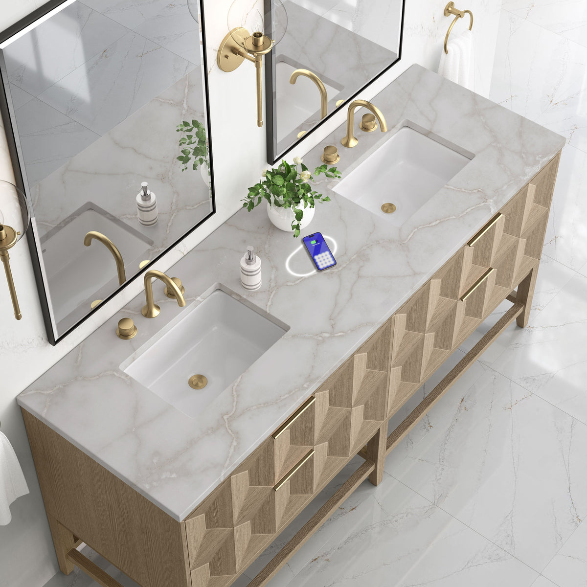 James Martin Emmeline 72" Double Bathroom Vanity, Pebble Oak with Victorian Silver (FreePower) countertop
