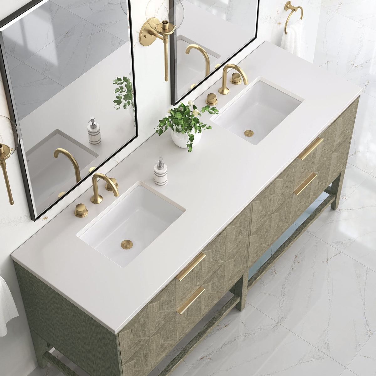 James Martin Emmeline 72" Double Bathroom Vanity, Pebble Oak with White Zeus countertop