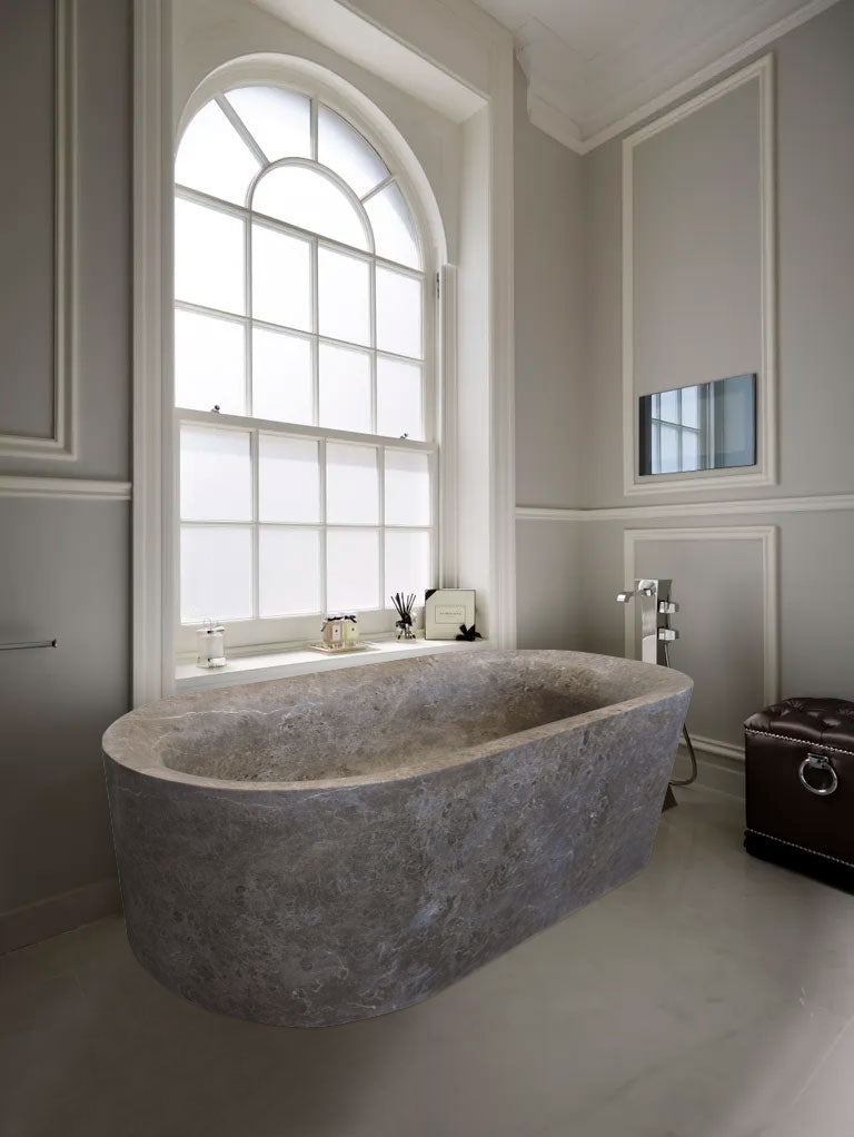 Coffee Brown Natural Stone Oval Shape Hand-Carved Unique Marble Bathtub (W)40" (L)72" (H)22" by GobekDesign