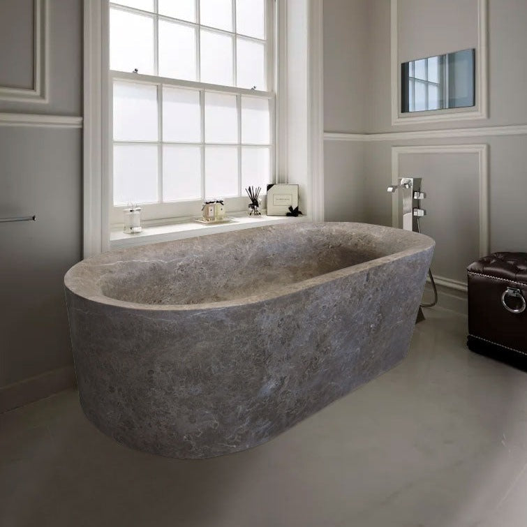 Coffee Brown Natural Stone Oval Shape Hand-Carved Unique Marble Bathtub (W)40" (L)72" (H)22" by GobekDesign