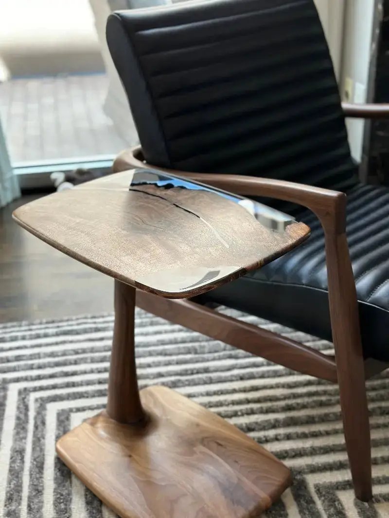 C-Shaped Walnut & Resin End Table with Wheels by Gizz