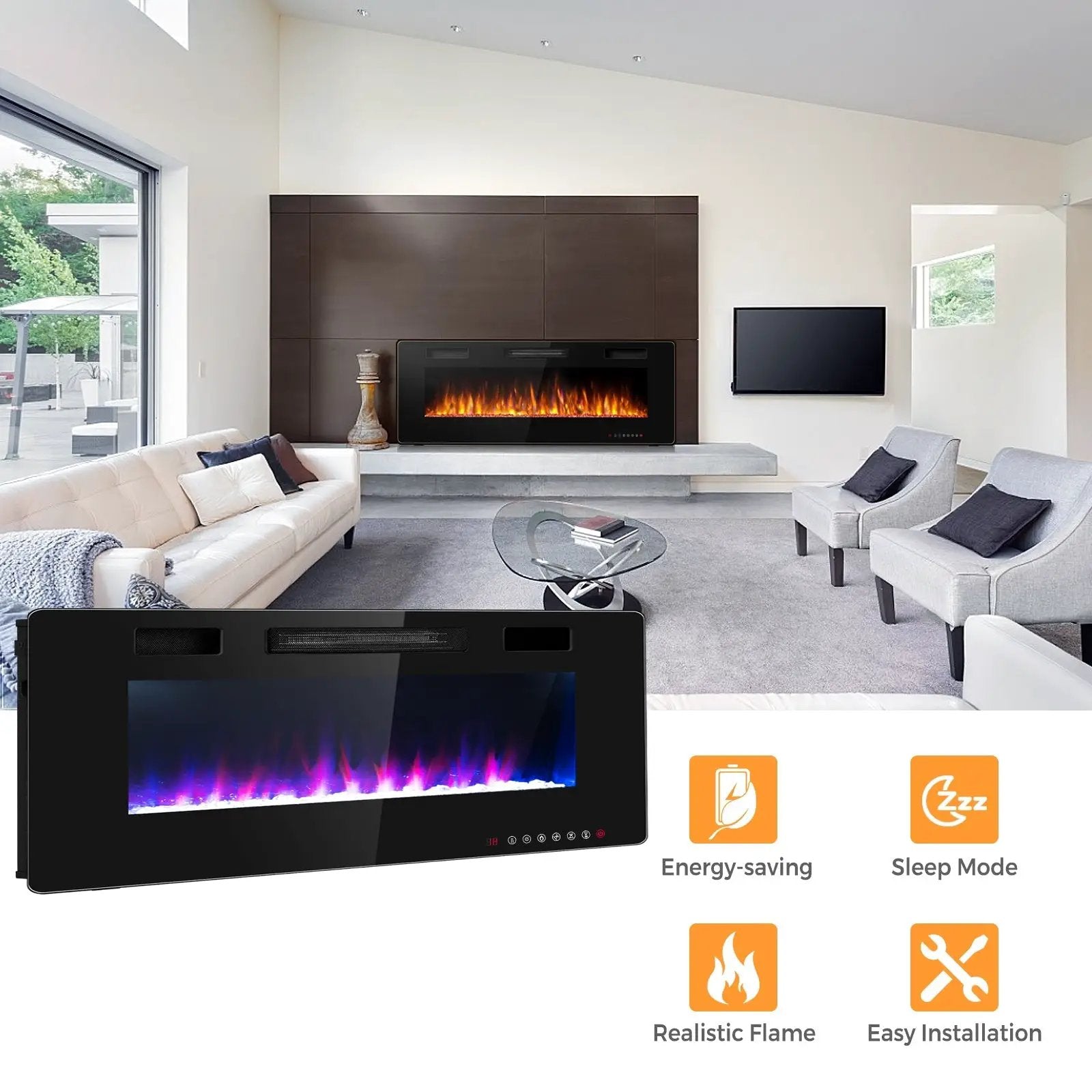 60 Inch Ultra Thin Electric Fireplace with 2 Heat Settings by DirectDeals