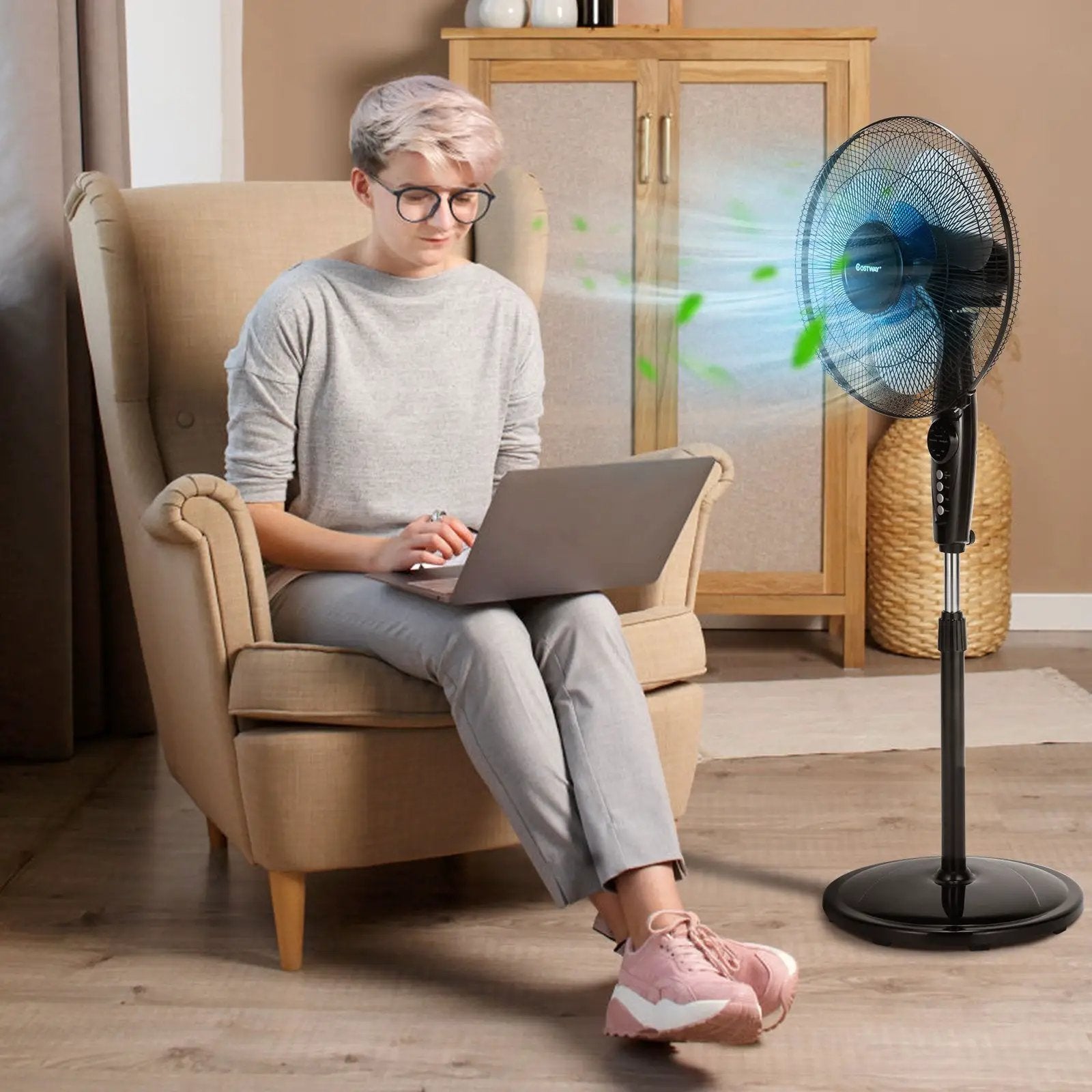 16 Inches Adjustable Height Fan with Quiet Oscillating Stand for Home and Office by DirectDeals