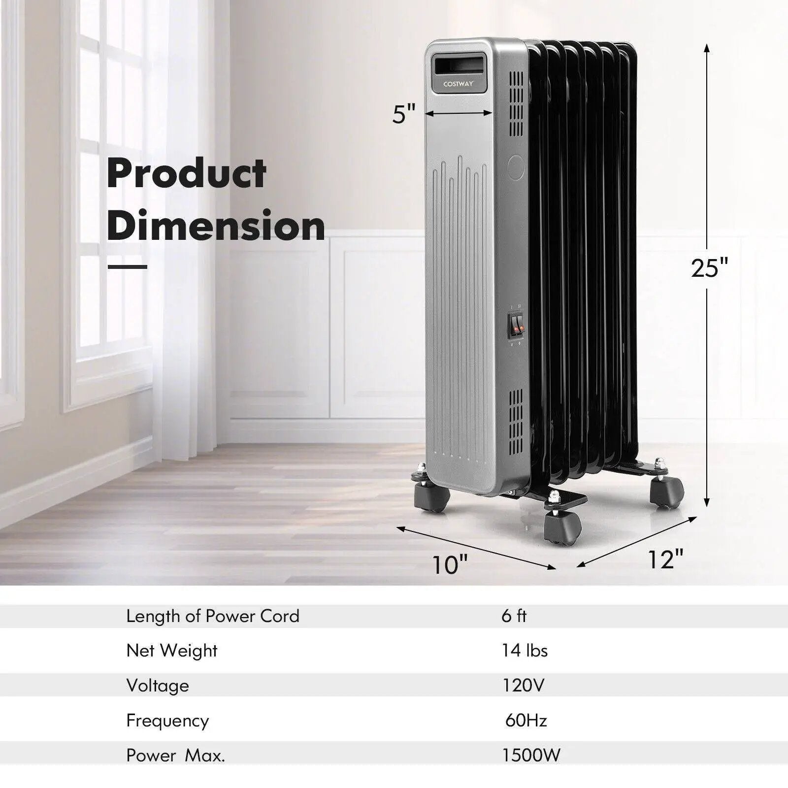 1500W Portable Oil-Filled Radiator Heater for Home and Office-Black by DirectDeals