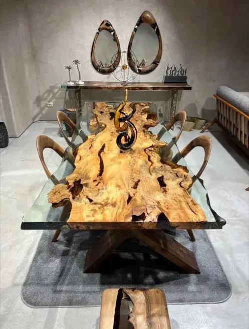 Solid Linden Wood Natural Look Epoxy Resin Side Dining Table by Gizz