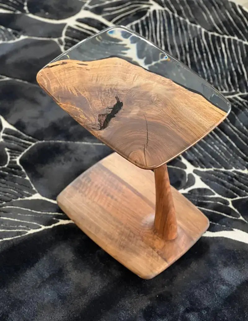 C-Shaped Walnut & Resin End Table with Wheels by Gizz