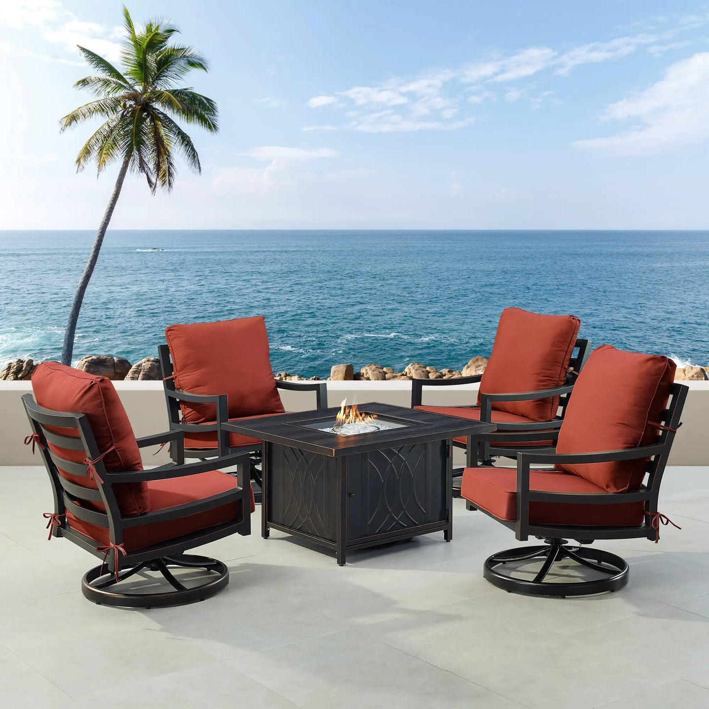Black Aluminum Fire Table Set with Four Club Chairs by Sharicks