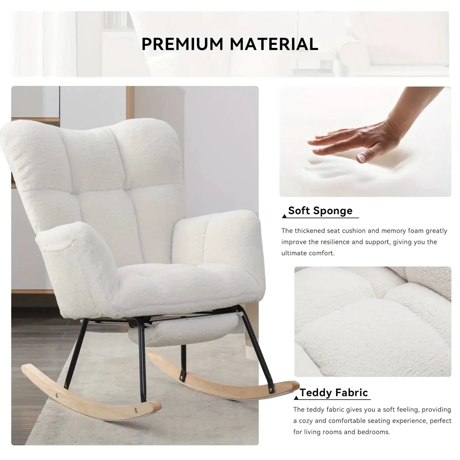 Ergonomic Teddy Fabric Rocking Chair with Footstool - Hardwood Frame Glider Chair with Plush Cushioning, Manual Rocker for Indoor Use, Easy-Clean Spot Clean Design, Ideal for , Living Room, Bedroom - Perfect for Mum & Adults by House Of Avana